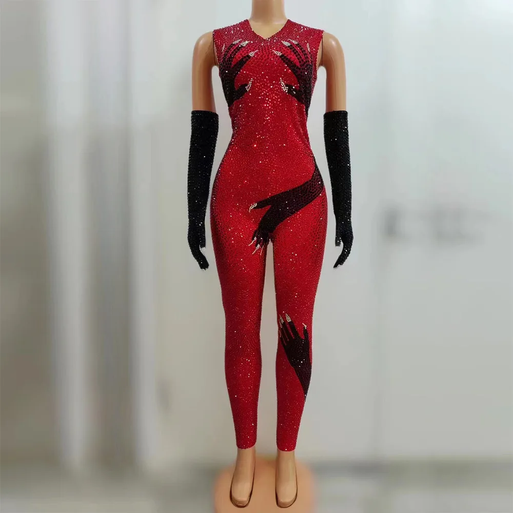 

Costume Rhinestone Sequined Jumpsuit Stretch Hip Jumpsuit Stage Performance Suit Velvet Trousers Dress Luxo Elegante Festa Longa