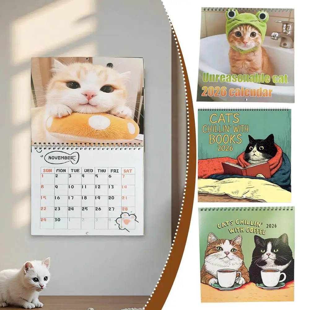2026 bonito sapo chapéu gato leitura gato verde café gato dos desenhos animados calendário gato ilustrações calendário de mesa versátil decoração da parede