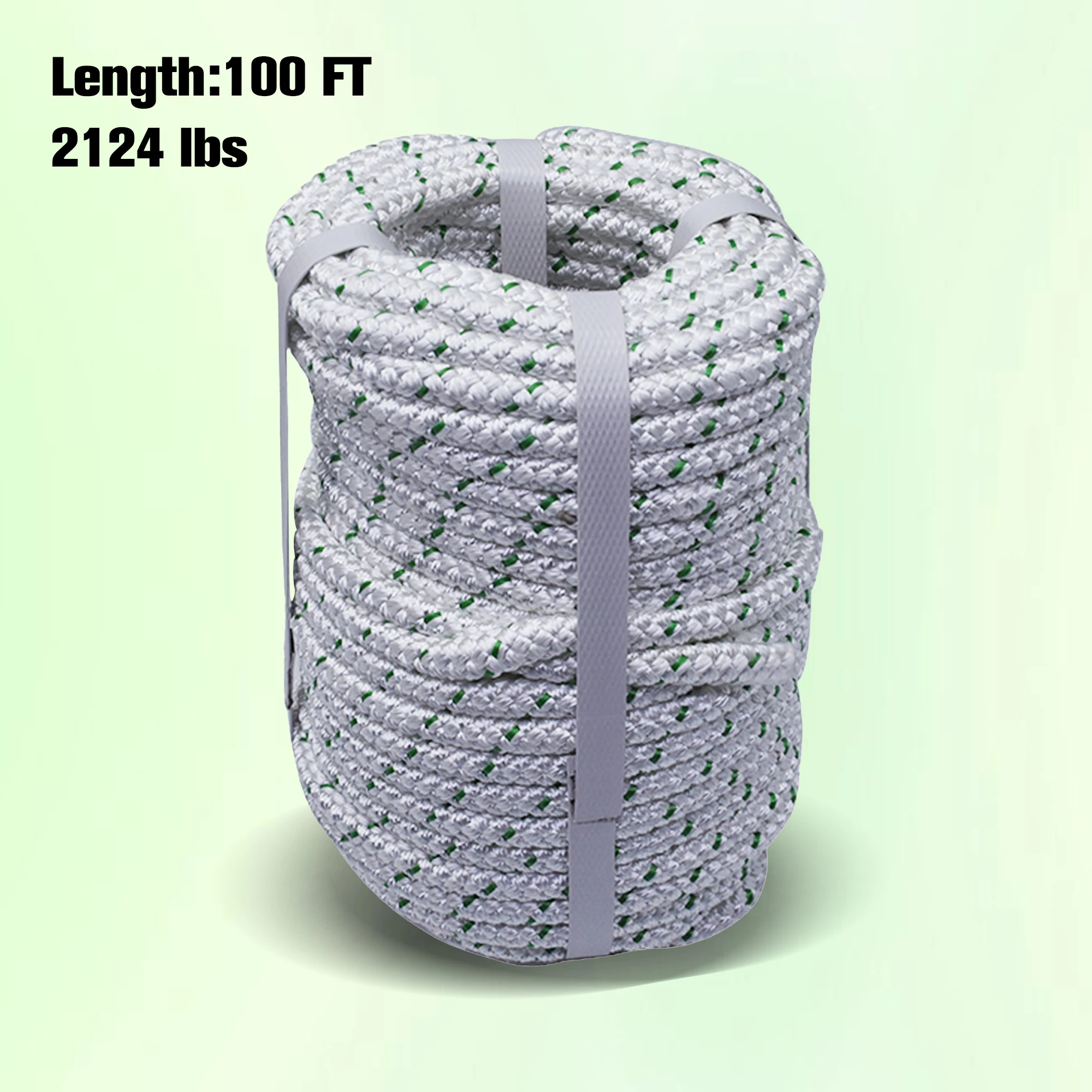 3/8 in X 100 ft. White-Green High-Strength Polyester Braided Rope with 2124 lbs. Maximum Pull, Tree Work Rope for Sailboat Camping and Horticultural Farm operations