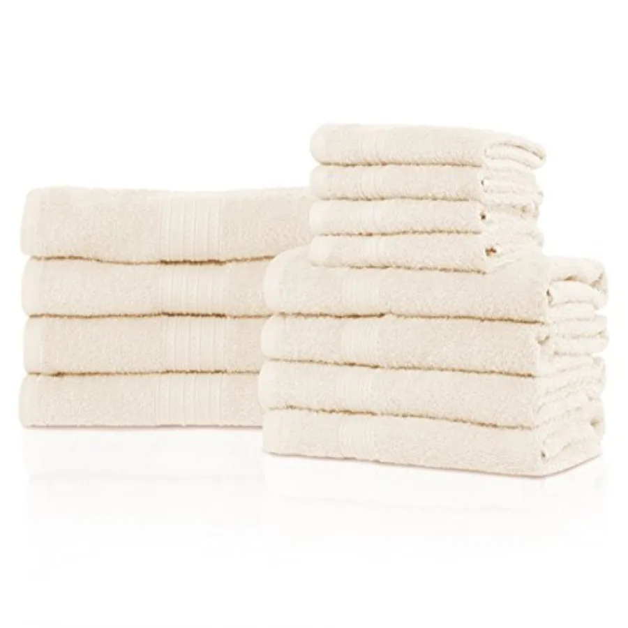 

Bathroom 12-Piece Towel Set in Ivory: 100 Ring-Spun Cotton, Ultra Absorbent, Super Soft, Attractive Border, Eco-Friendly