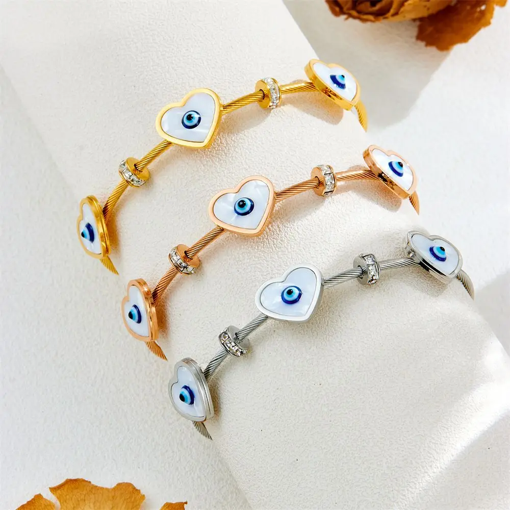 

Trendy 3pcs Wholesale 316L Stainless Steel Evil Eye Heart Shaped White Shell Bracelet Statement Protection Jewelry For Women