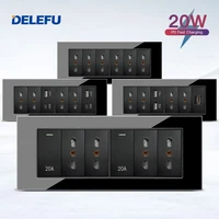 DELEFU-Panel de cristal SC70, 195mm, negro, estándar italiano, USB tipo C, interruptor de toma de pared de carga rápida, TV, teléfono, CAT5, CAT6