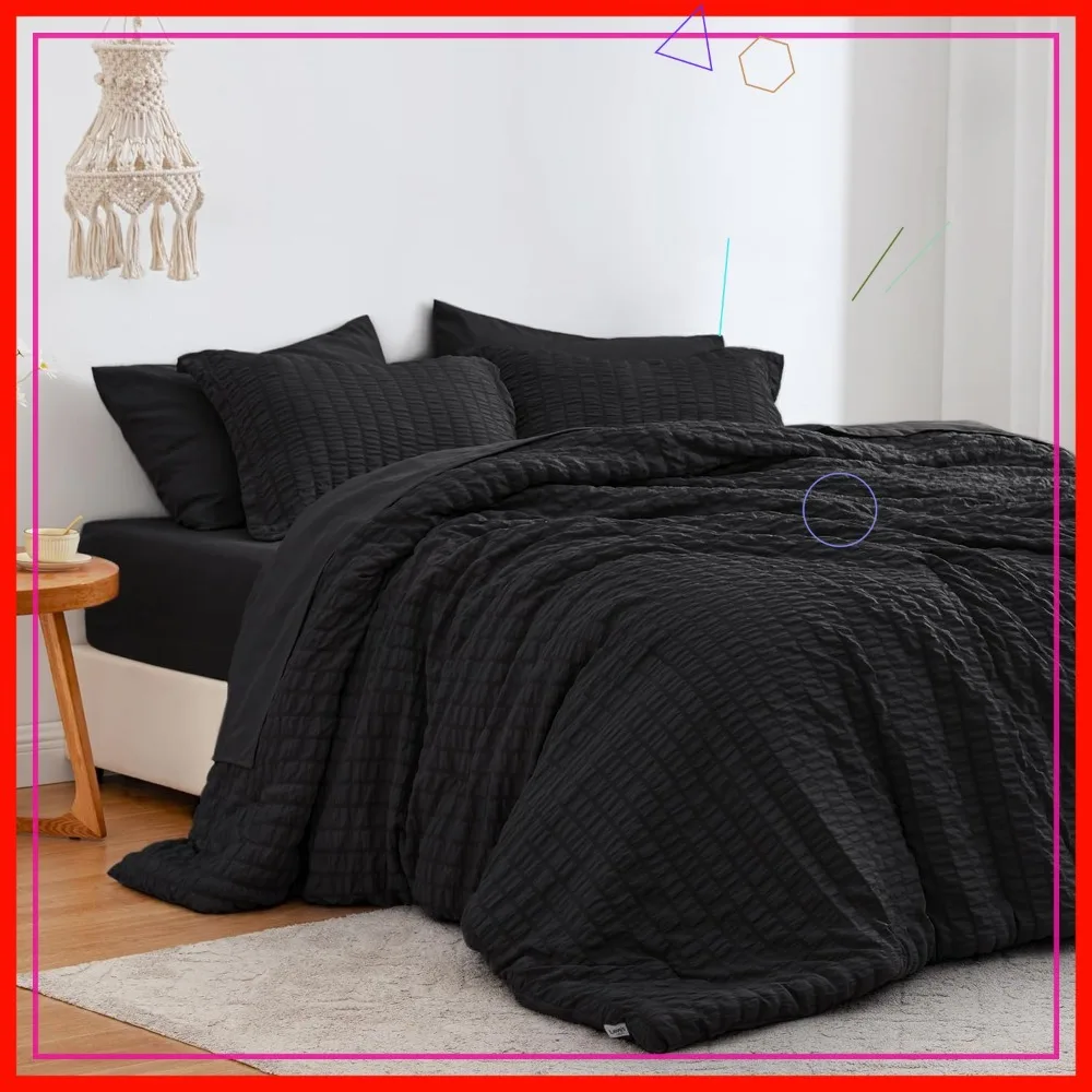 

Seersucker Black Queen Comforter Set, 7-Piece All Season Lightweight Bed in a Bag with Soft Breathable Fabric