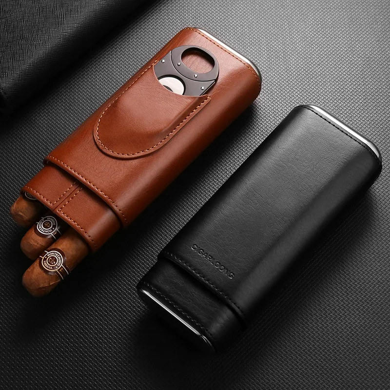 

Leather Cigar Case Cedar Wood Lined Portable Cigar Box Holder with Stainless Steel Cigar Cutter Gift Box