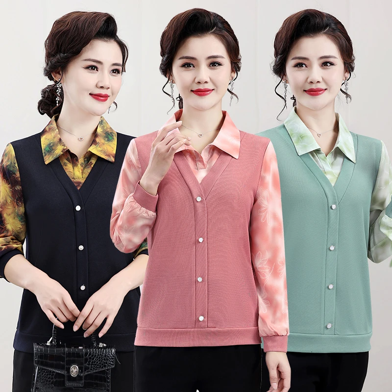 

Middle-aged and Elderly Mother Shirt Spring Autumn fake two pieces Retro Printed T-shirt Loose and Slimming Collared Tops