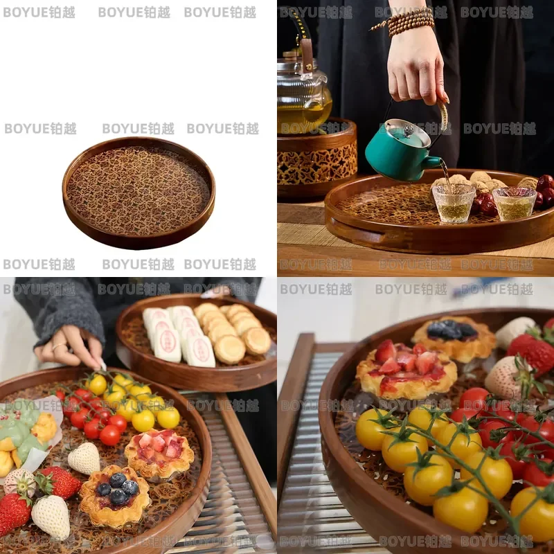 Solid Wood Round Tea Tray Chinese Style Dry Brewing Set for Afternoon Tea Fruit Vegetable Cake Storage Serving Platter