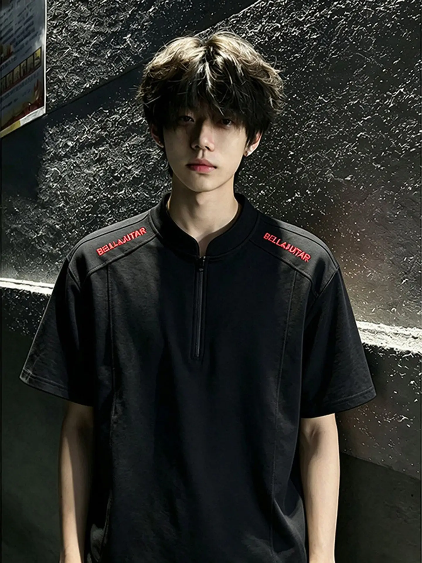 American Style Half Zipper Embroidered Short Sleeve  Shirt Boxy Fit Summer Heavyweight Stand Collar Deconstructed T-Shirt