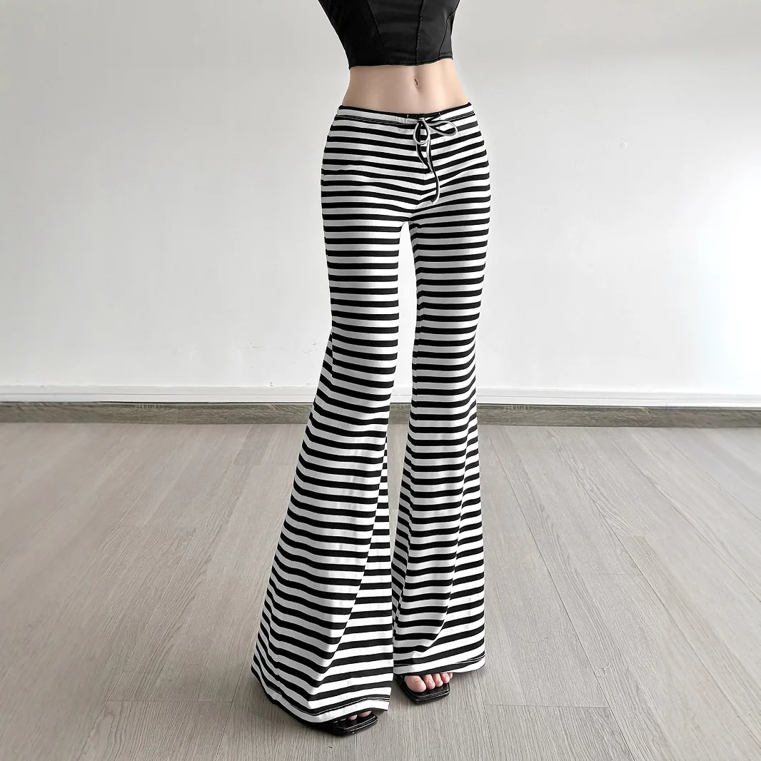 Colorblock Elastic Waist Tie Stripe Casual Pants Lounge Loose Fit Trousers for Women