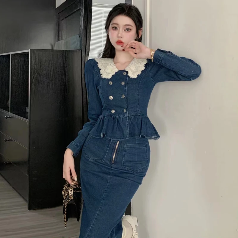 New 2 Pieces Set French style retro Denim Crop Top + Hip skirt women's spring waist slim skirt Peter collar temperament suit