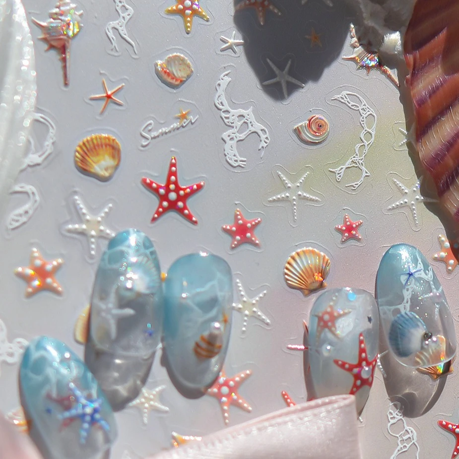

Shiny Romantic Seahorse Dolphin Colourful Shell Conch Starfish Ripple Water Bubbles Oceanic Nail Art Stickers Manicure Decals