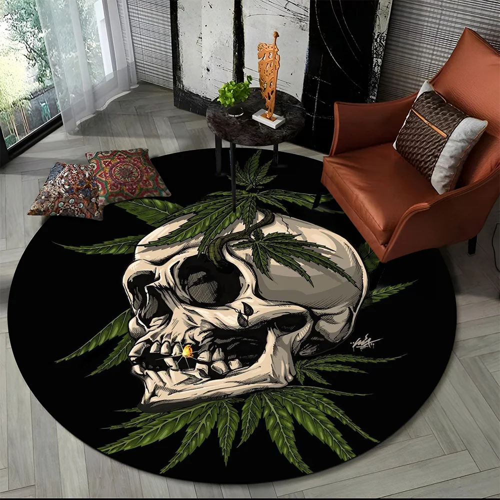 3D Smoke Maple Weed Plants Green Death Skull Round Carpet Rug for Living Room Bedroom Kids Decor,Pet Area Rug Non-slip Floor Mat