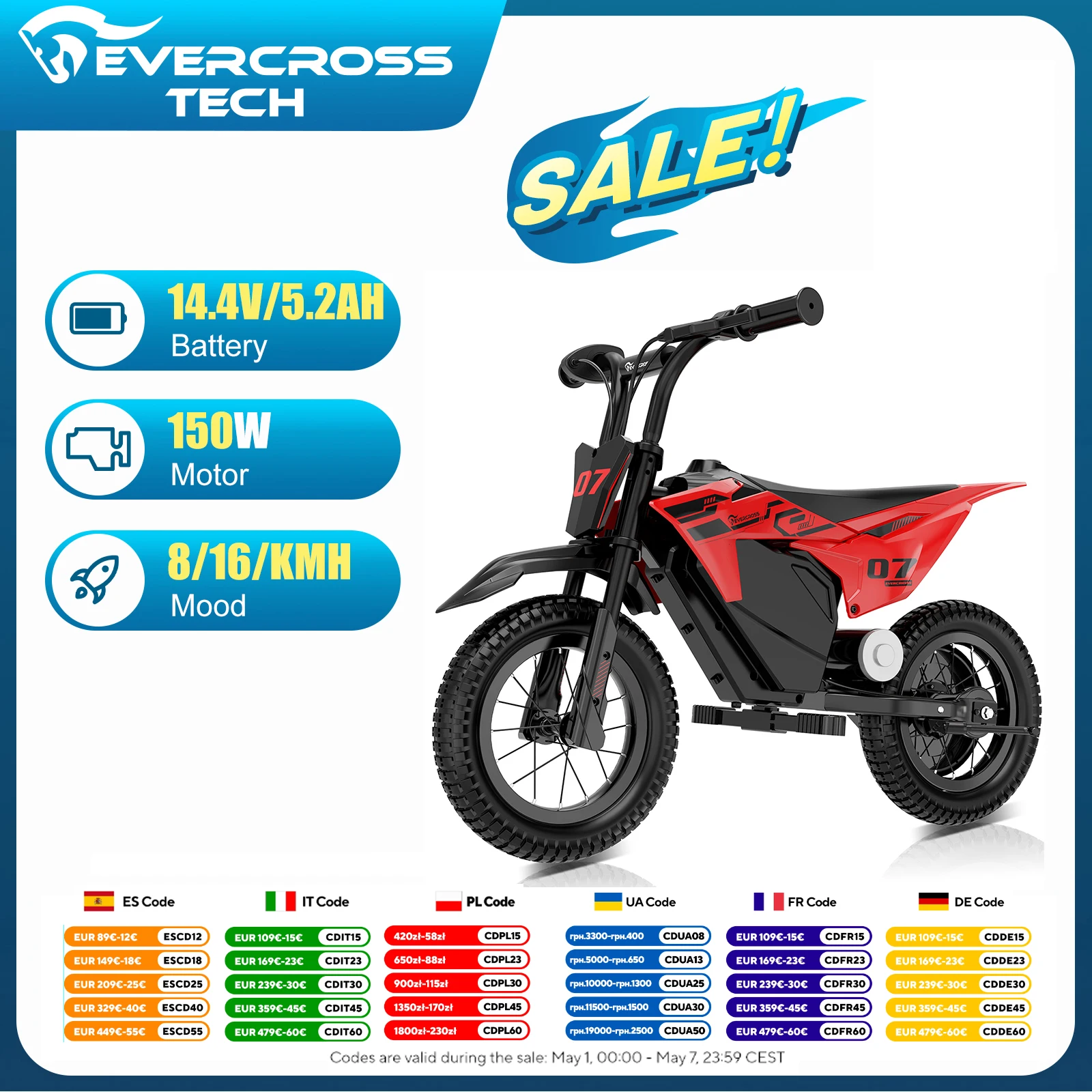 EVERCROSS TECH EV13M - Moto Électrique Enfant 150W - 2 Vitesses (8/16 km/h) - Autonomie 12 km - Pneus 12" Tout-Terrain - Pour