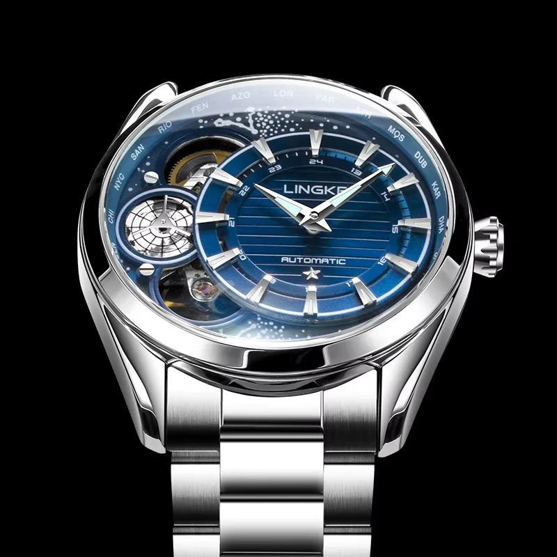 LINGKE orologio meccanico da uomo originale in acciaio inossidabile argento blu lusso luminoso automatico Tourbillon orologi orologio impermeabile