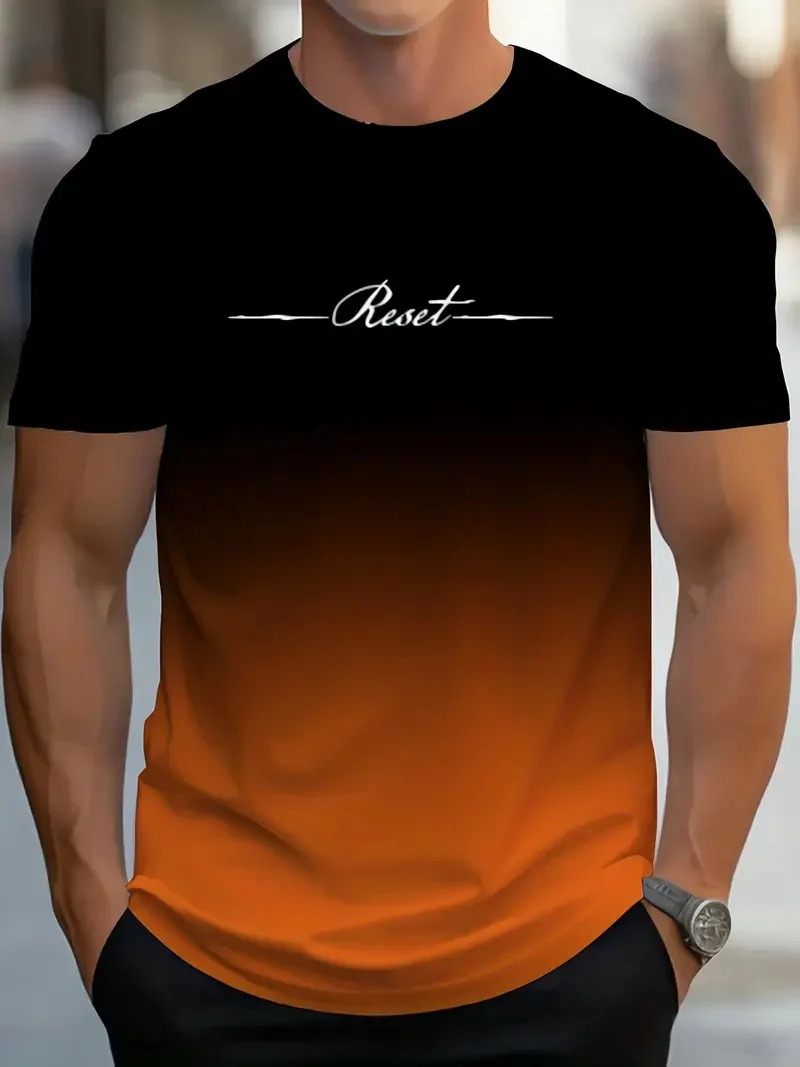 Men's Gradient Reset Letter 3D Printed T-shirt Summer Outdoor Casual Sports Quick Drying Short Sleeve Top Plus Size Men Clothing image 3