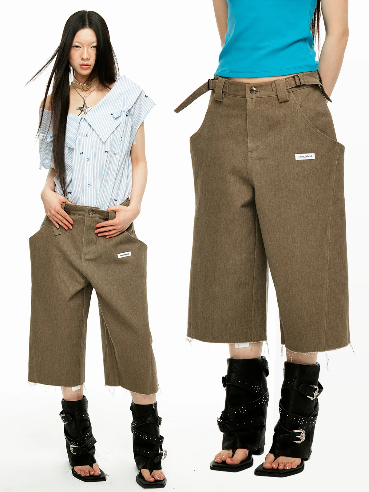 

JIKOO Vintage Waed Distred Wide Leg Jeans Straight Cut Casual Pants for Women Summer 7/8 Length l Waist Cotton