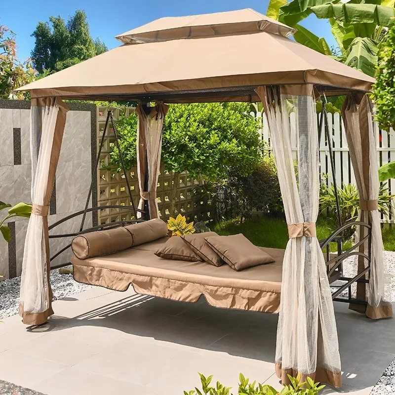 Outdoor swing bed, outdoor tent rocking chair, courtyard balcony hanging chair lying flat dual-purpose three-person wrought