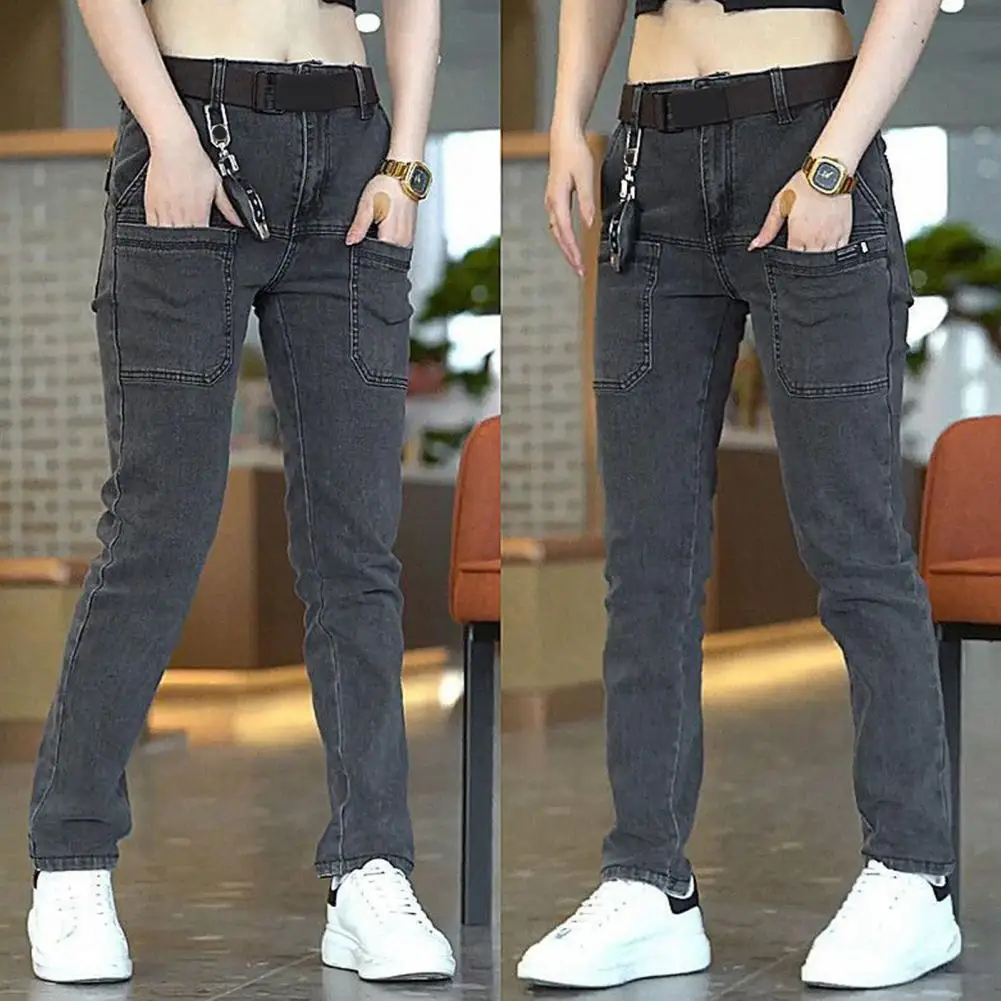 Men Pants Mid Waist Straight Denim Solid Color Multi Pockets Loose Zipper Button Closure Retro Ankle Length Long Jeans Trousers