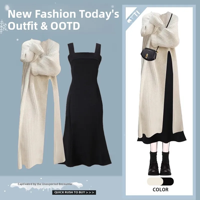 

Autumn Winter Women's Mid-Length Knee-Over Knitted Dress Slimming Two-Piece Set A-Line Skirt U-Neck Long Sleeve Ins Style