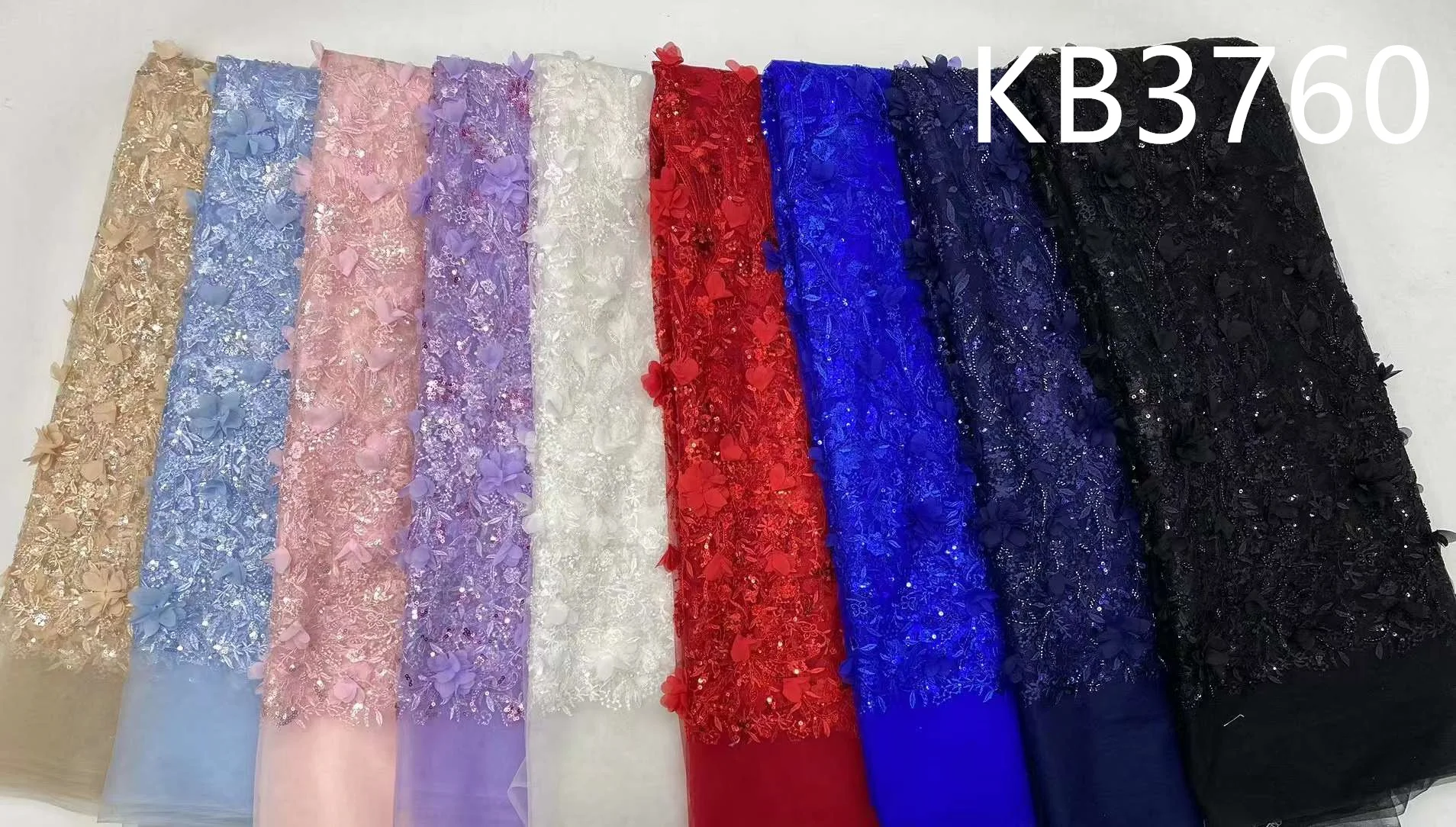 2024 Latest African Sequins Beaded Tulle Lace High Quality Blue 3D Flower Beaded Lace Fabric For Wedding Sewing Material KB3760