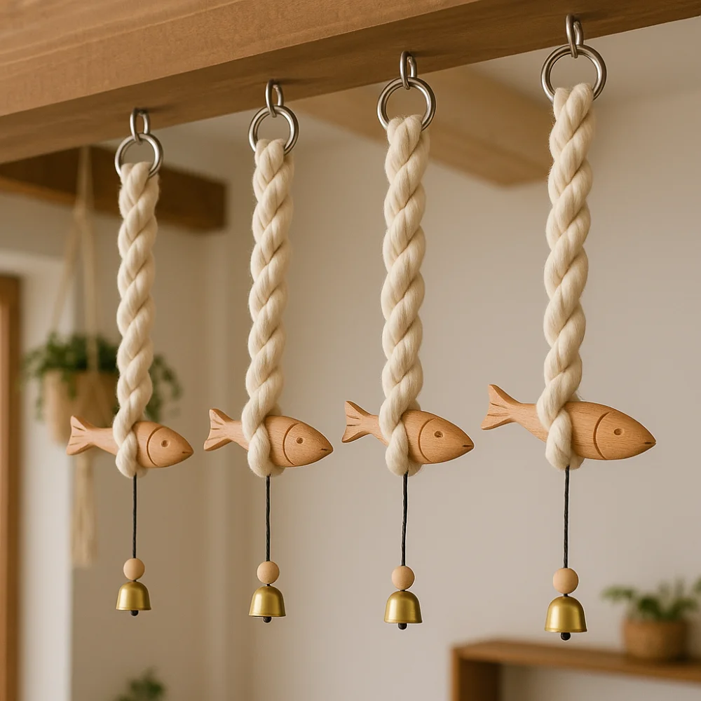

Marine Beach Themed Wood Fish Sculpture with Bell Handcrafted Fish Wall Hanging Decor Rustic Hand Carved Fish Door Chimes