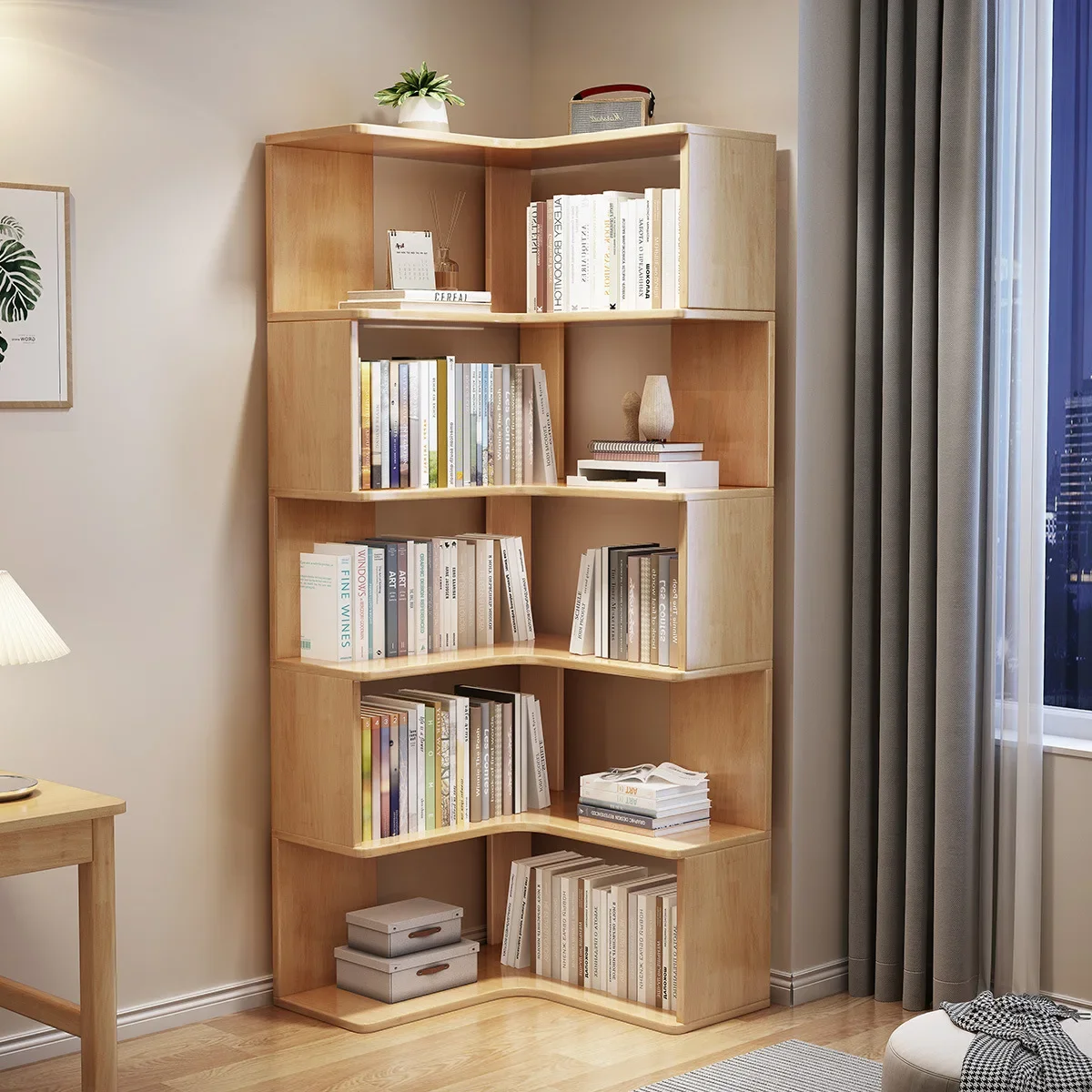 Solid Wood Corner Bookshelf Floor Bookcase Shelf Wall Corner Locker Small Apartment Student Household Storage Rack