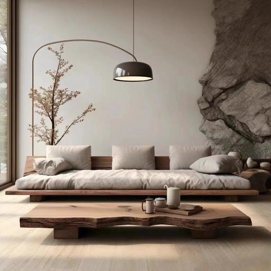 Sofa, Japanese Wabi-Sabi style solid pine wood straight-line modular two-seater sofa, suitable for three people