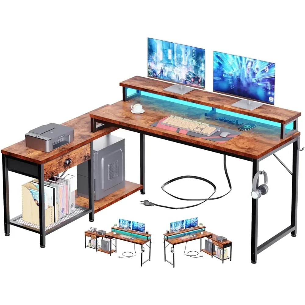 L Shaped Computer Desk With Drawer Reversible Corner Desk/83 Long Desk With LED Lights & Power Outlets Gamer Chair Gaming Tables