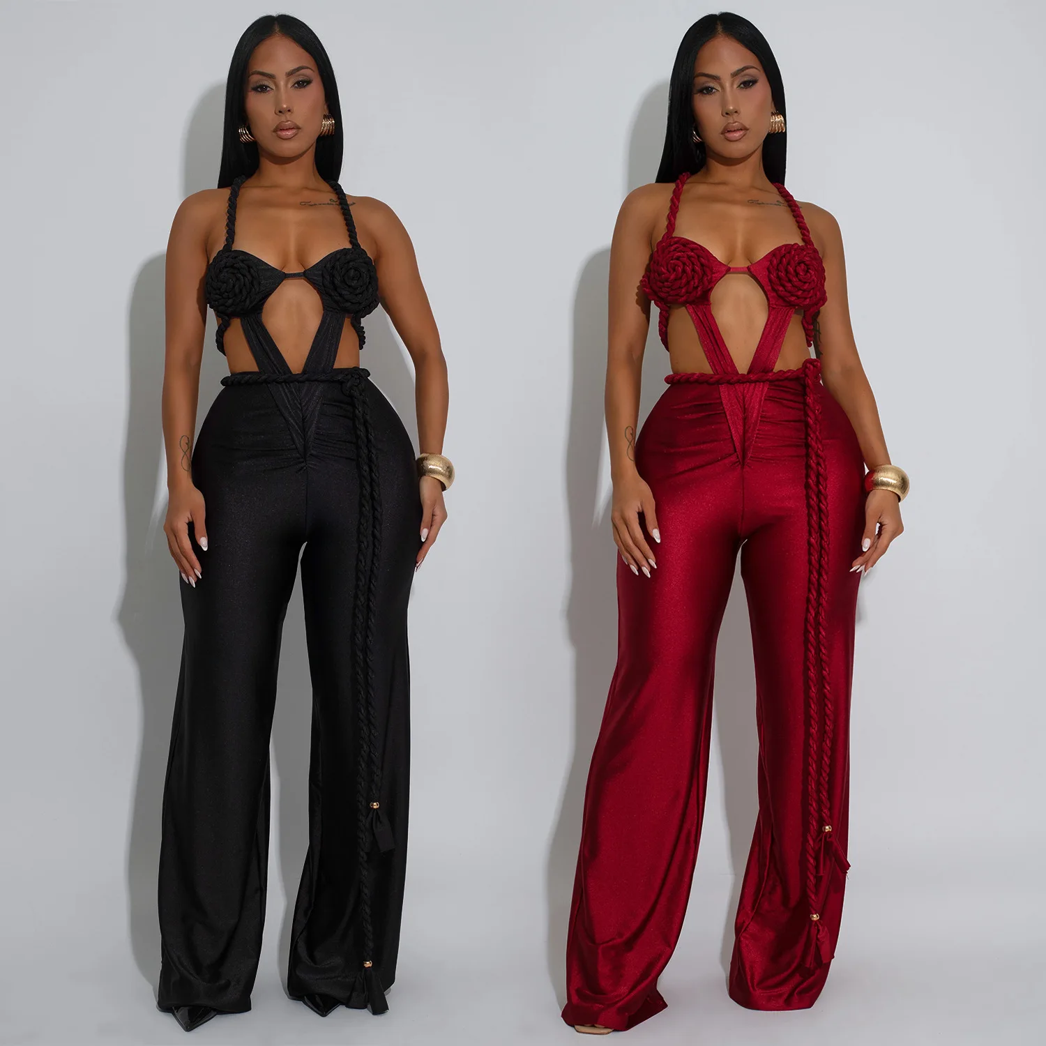Women Halter Neck Ruched Sleeveless Wide Leg Jumpsuits 2025 Fall Vacation Beach Romper Playsuit One Piece Set Outfits