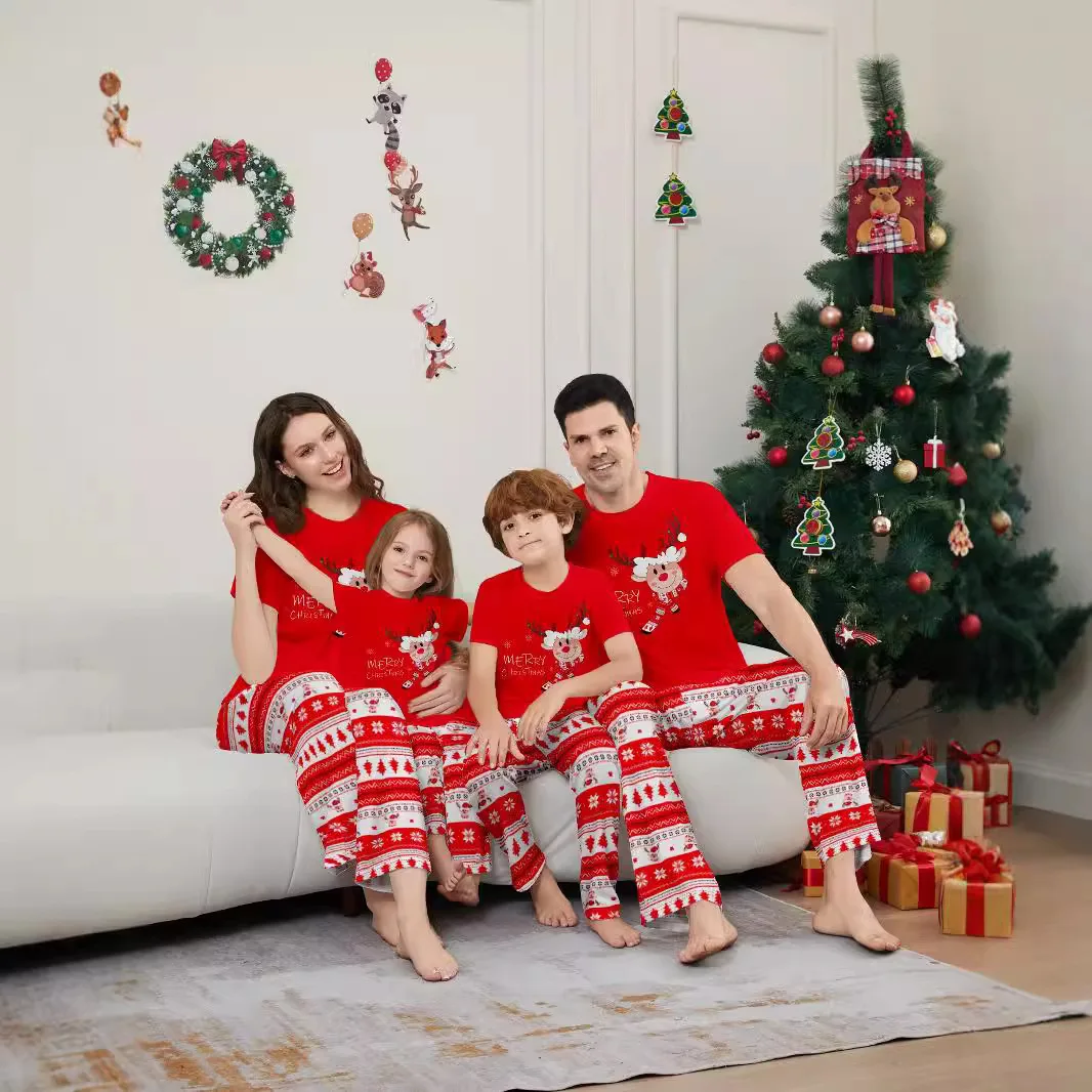 2024 new Deer long sleeve printed pants baby boys and girls women\'s men\'s red Christmas parent-child pajamas pajama pants 2 sets