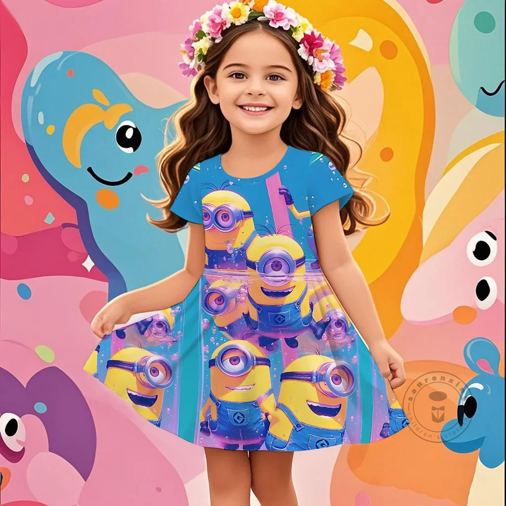 Hot Koop Kids Meisje Grappige Minions Top 3D Prinses Jurk Voor 2-14 Jaar Meisjes Verjaardagsfeestje Jurken comfortabele Korte Mouwen