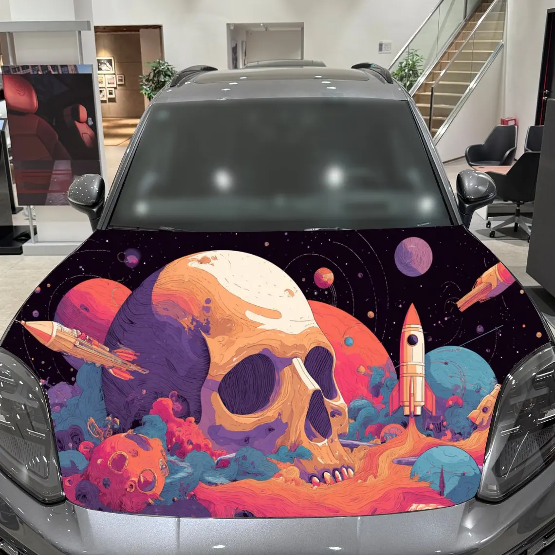 غلاف غطاء محرك السيارة على شكل جمجمة الفضاء، ملصق غطاء محرك السيارة للصاروخ والكواكب القديم، ملصق غطاء تلقائي للخيال العلمي، سيارة مقاومة للماء وذاتية اللصق #5