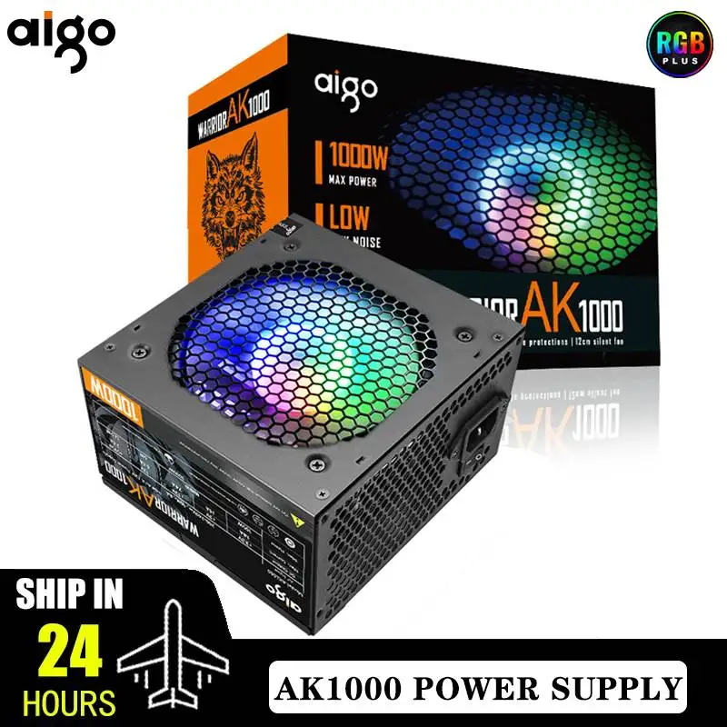 Aigo AK 500W 600W 700W 800W 1000W PC PSU Power Supply Unit Gaming 120mm RGB Fan 220V ATX Desktop computer Power Supply for BTC