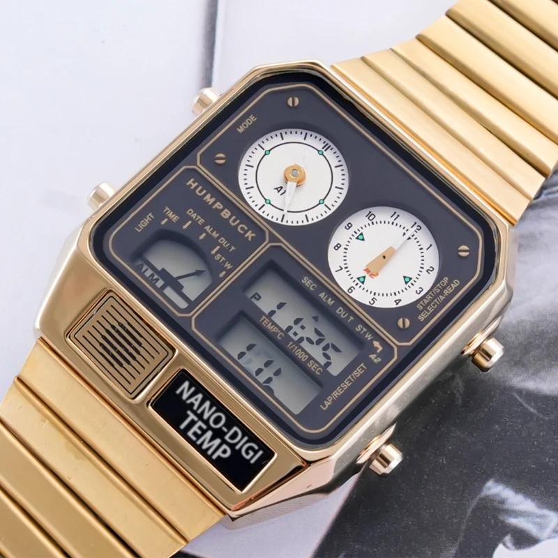 HUMPBUCK jam tangan kronograf pria, arloji baja tahan karat Stopwatch tahan air dengan kronograf dan tampilan waktu ganda