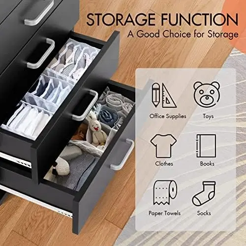 Kommode mit 5 Schubladen, Kommode mit Rädern, schwarz