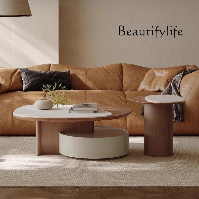 Italian minimalist microcrystalline stone coffee table combination high-end with walnut pattern creative special shape