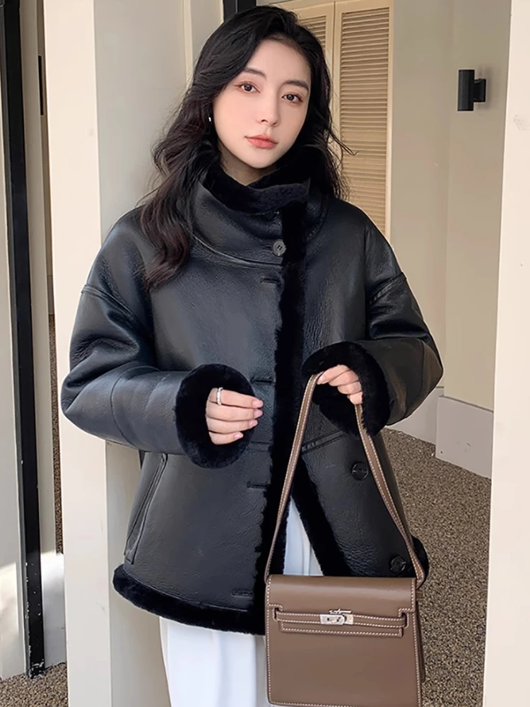 Black Genuine Leather Real Fur Coats for Women High-end Simple Stand Collar Double-sided Wear Design Winter Lambswool Jacket