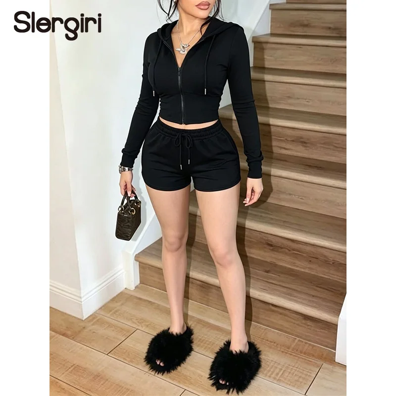 Slergiri New Women's 2 Piece Sets Spring and Autumn Hooded Long Sleeve Zip Up Crop Hoodie + Drawstring Shorts Casual Sportwear