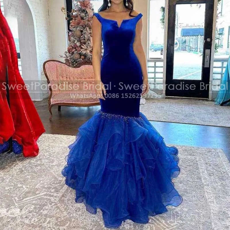 Stretchy Long Bridesmaid Dresses Customized Beaded Tiered Mermaid Off Shoulder Royal Blue Velvet Trumpet Wedding Party Dress