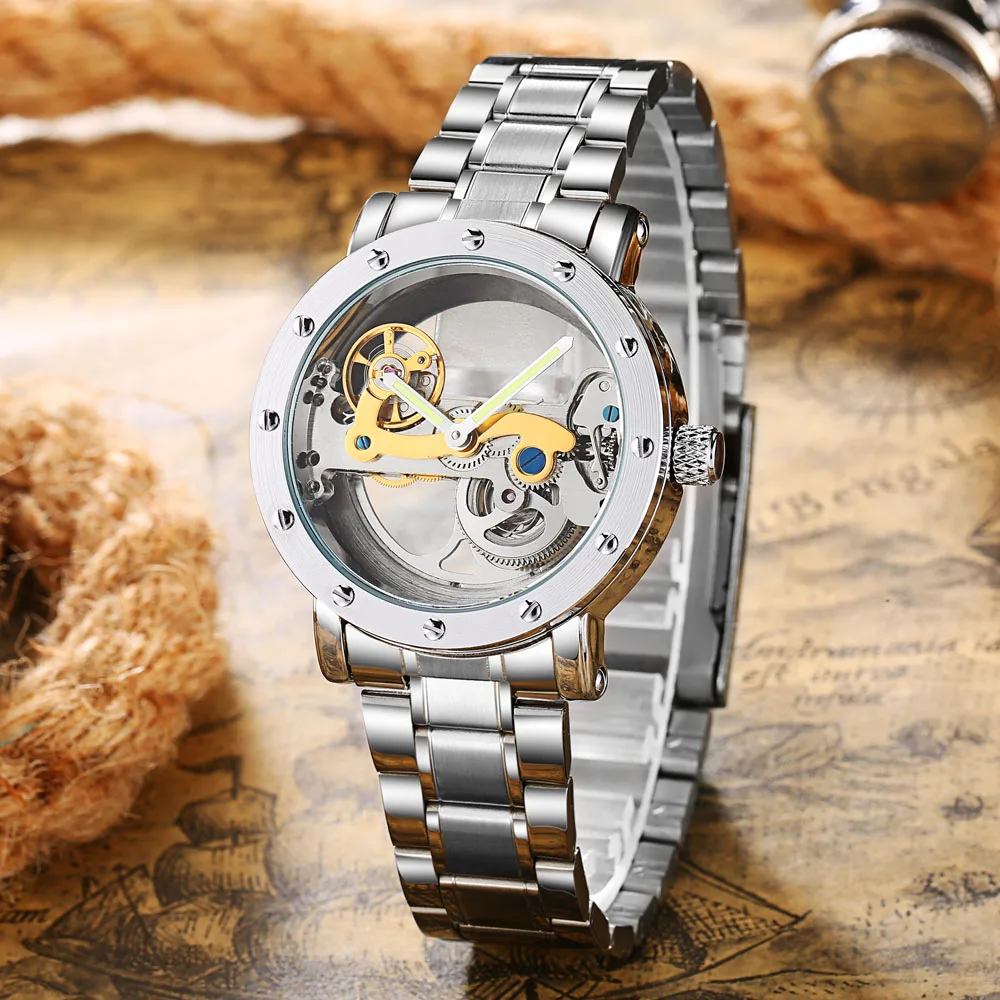 

Fashion Single Bridge Holow Transparent Watches Men Tourbillon Automatic Mechanical Wristwatches Men Skeleton Watches Full Steel