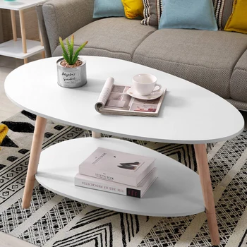 Image Vabches Coffee Table Oval Wood End Table with 2 Tier Open Storage Shelves White Modern Sofa Side Table for Living Room Furniture