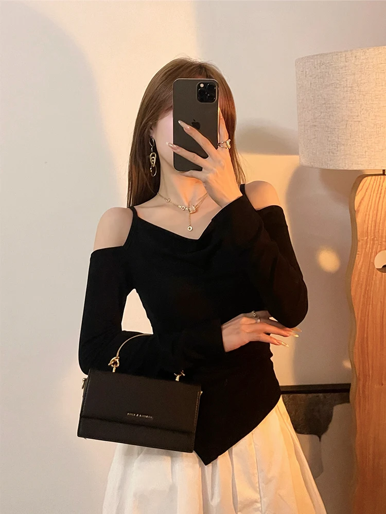 

Черная асимметричная футболка с длинным рукавом для женщин, топ с утянутой талией и открытыми плечами, для повседневной носки, весенняя мода