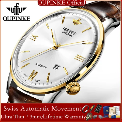 OUPINKE 3269 Swiss Automatic Mechanical Wristwatch Man Leather Strap Ultra Thin 7.3 mm Sapphire Mirror Top Luxury Watch for Men