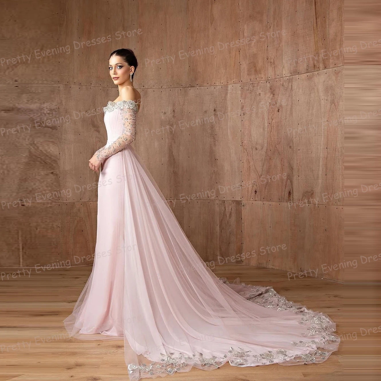 Eenvoudige Kant Avondjurken Vrouw Zeemeermin Prom Jassen Sexy Glanzende Lange Mouwen Lovertjes Sweep Trein Aangepaste Vestidos De Novia