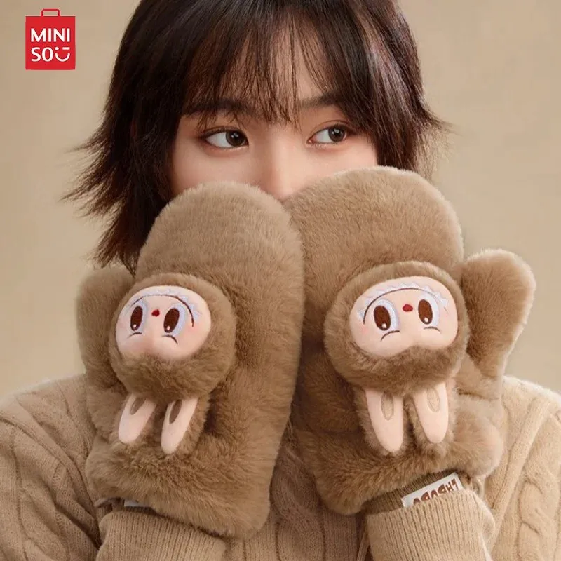 Miniso Authentic Cartoon Labubu Warm Series Brown Gloves Scarf Earmuff Winter Cold Prevention Warmth Keeping Christmas Gift