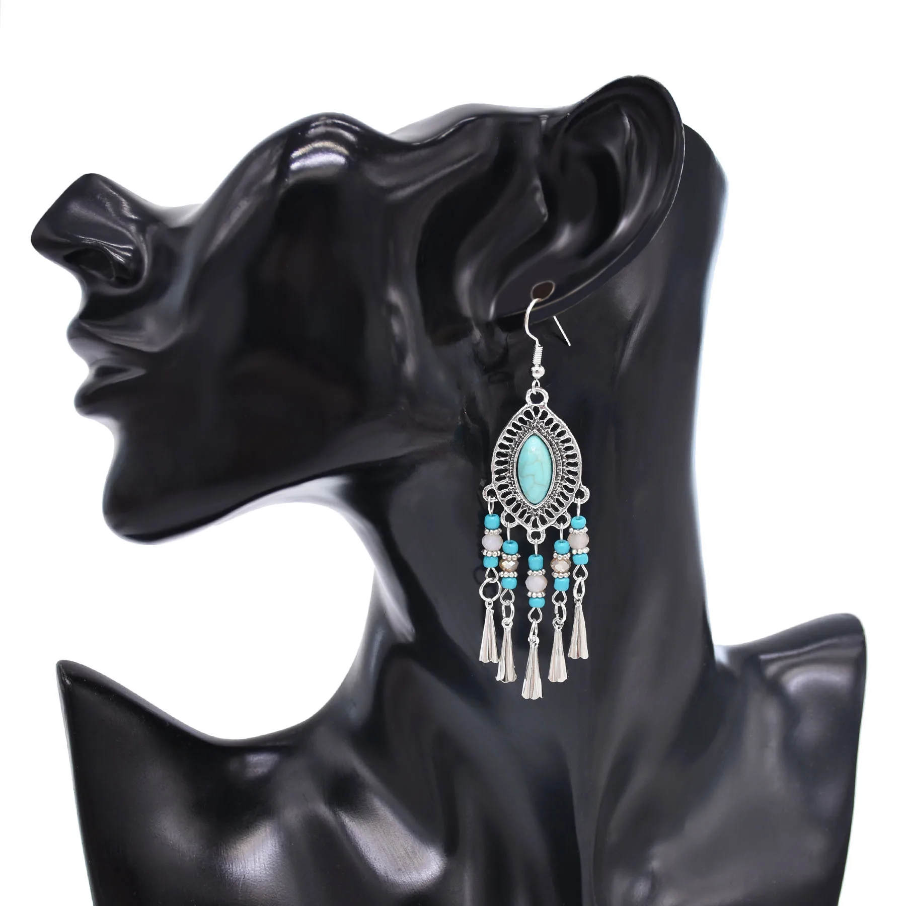 Silvery Alloy Horn Colorful Beads Tassel Long Earrings for Women Bohemian Ethnic Horse Eye Imitation Turquoise Earrings Jewelry