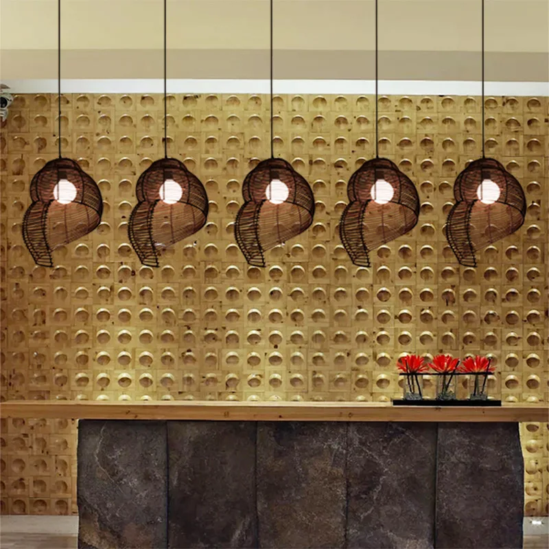 ضوء قلادة من نسيج الروطان الياباني، غرفة طعام بسيطة لغرفة المعيشة في الريف، مصباح معلق على شكل حلزون دائري محارة إبداعية