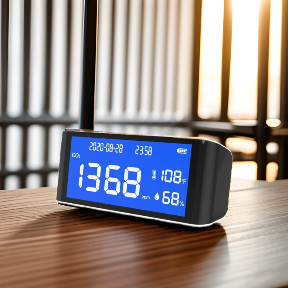 Detektor dan Pengukur CO2 Dalam Ruangan, Analisa Desktop dengan Sensor Suhu Karbon, Bersertifikasi CE & RoHS untuk AS, Jerman, Spanyol