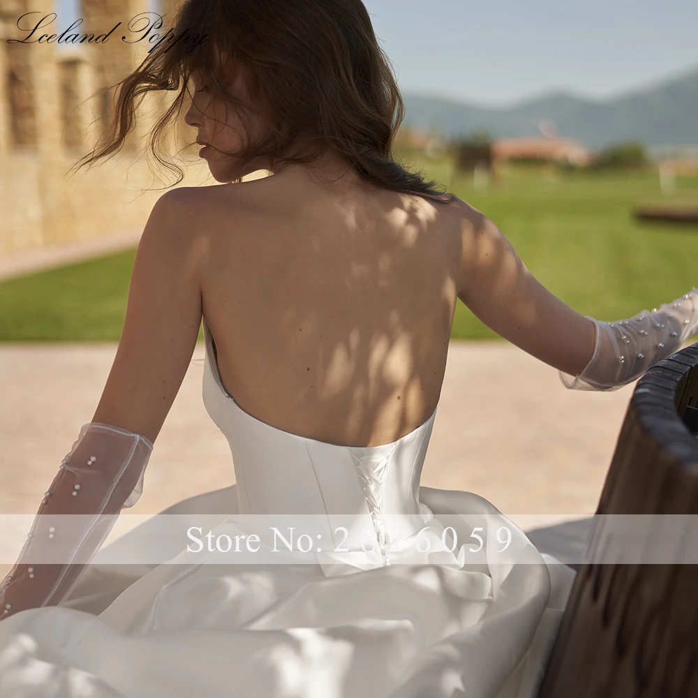 Lceland Poppy Customized A Line Strapless Satin Wedding Dresses Floor Length Pleated High Split Bridal Gowns with Side Pockets
