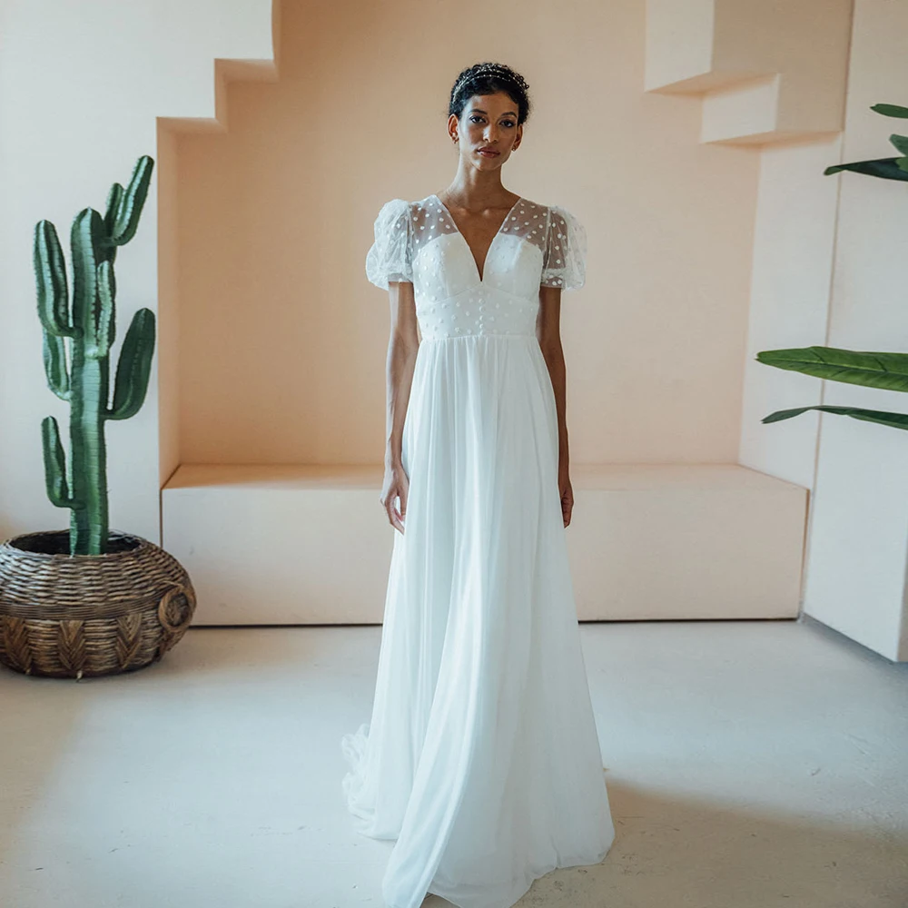 

Elegant White Chiffon Wedding Dresses for Woman V Neck Puff Sleeves Bridal Growns Backless Sweep Train A-Line Vestidos De Novia