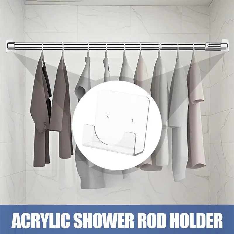 Tension Rod Holders For Wall 2X Acrylic Wardrobe Pipe Bracket Invisible Pipe Retainer Adhesive Shower Rod Tension Retainer